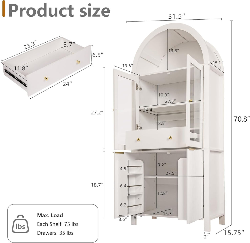 Fluted Tall Arched Pantry Cabinet with Adjustable Shelves & Hidden Drawer - Glass Door Storage for Kitchen, Living Room, Dining Room - Modern Elegant Display Unit (White)