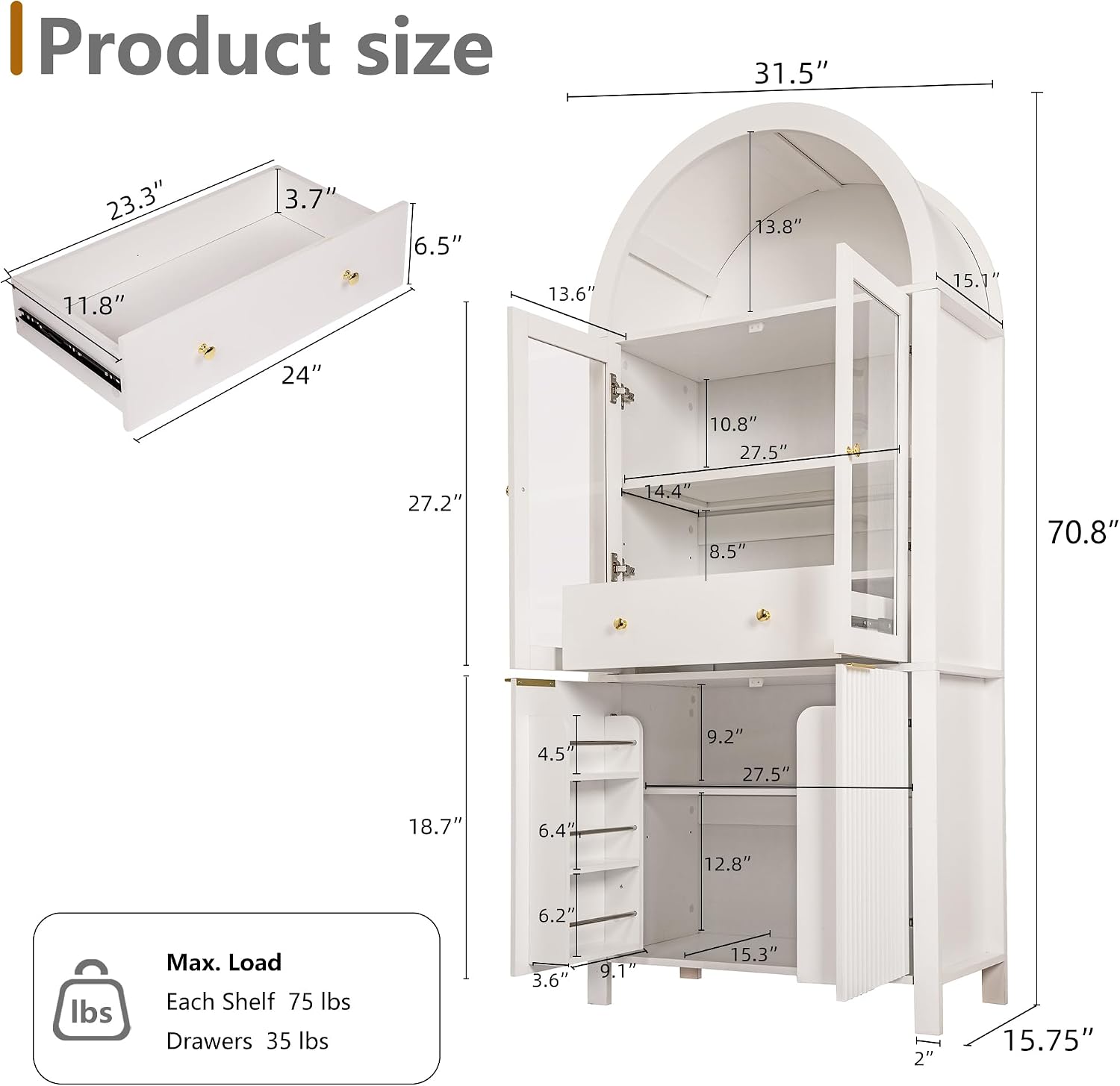 71" Tall Arched Cabinet, Modern Farmhouse Kitchen Storage Cabinet with Adjustable Shelves, Display Storage Hutch with Hidden Drawer & Glass Door for Kitchen, Living Room, Dining Room, White