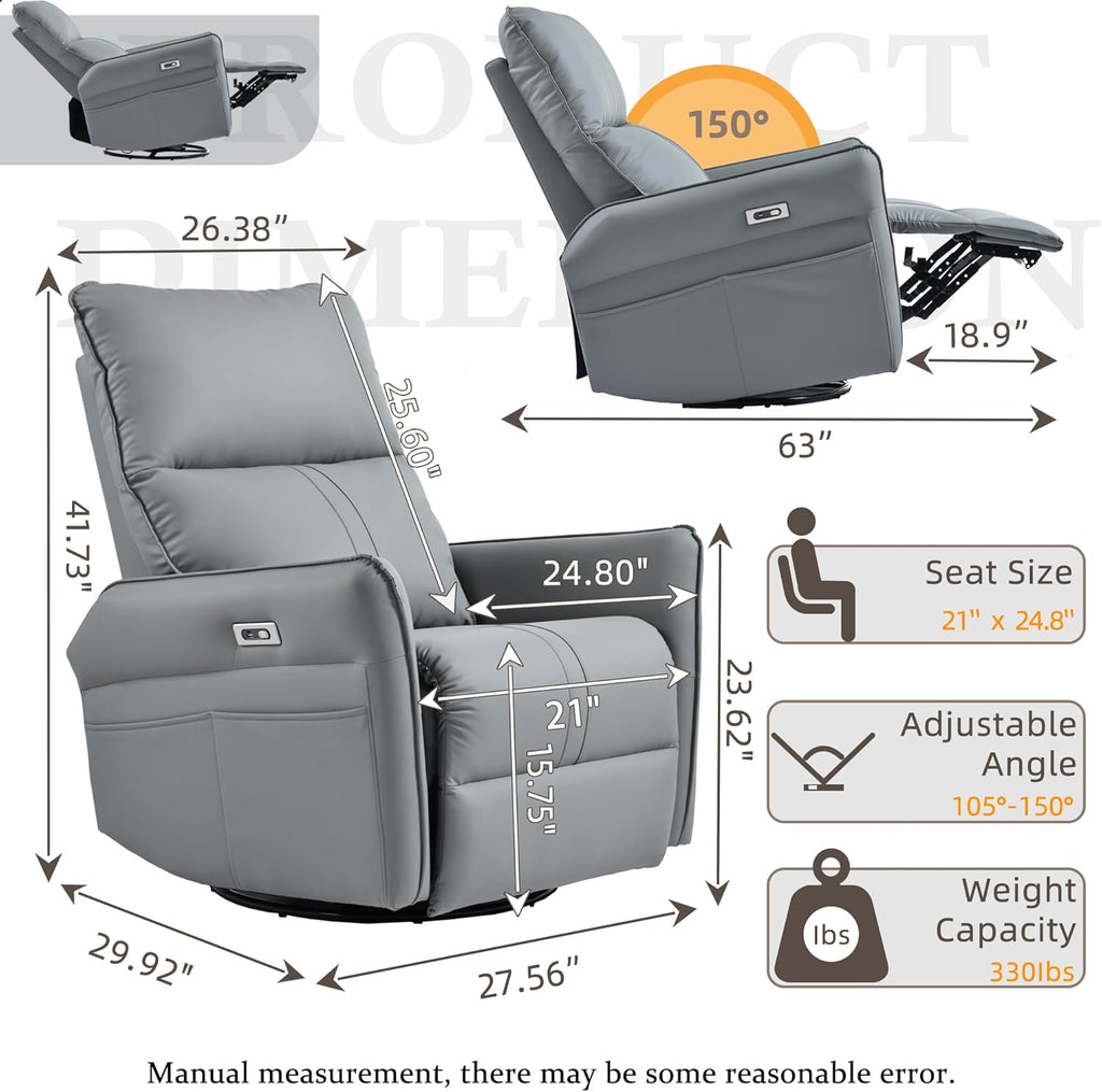 Power Swivel Rocker Recliner Chair for Nursery, Upholstered 270° Swivel Glider Rocker Chair with USB Ports, Small Power Recliners for Small Spaces Living Room