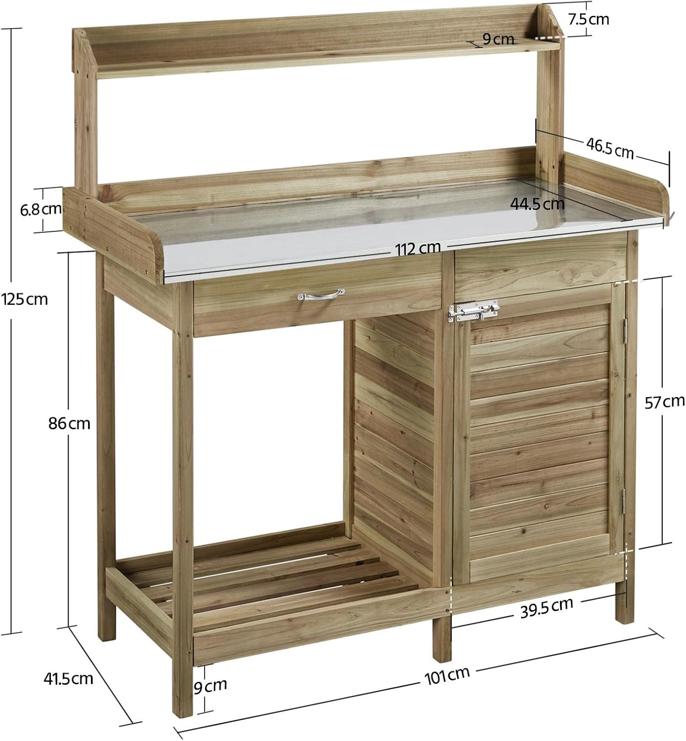 costoffs Potting Bench Wood Garden Potting Table with Cabinet and and Drawers Outdoor Metal Surface Work Bench for Greenhouse with Hooks and Shelf, Light Green