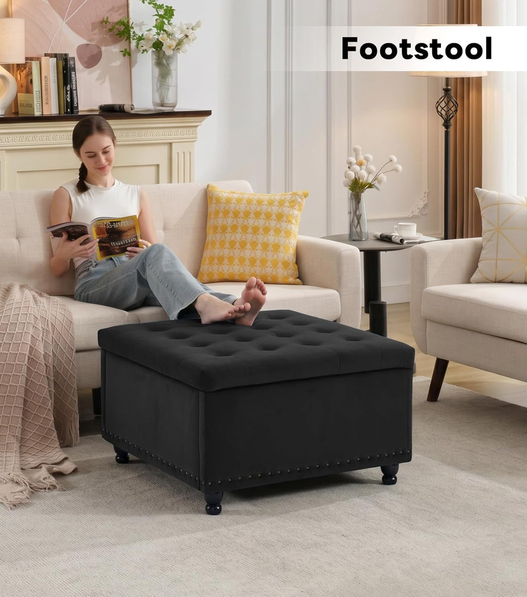 Tbfit Large Square Storage Ottoman Bench, Button Tufted Upholstered Coffee Table Ottoman with Wooden Legs, Oversized Storage Ottomans Toy Box Footrest for Living Room, Black Velvet