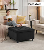 Tbfit Large Square Storage Ottoman Bench, Button Tufted Upholstered Coffee Table Ottoman with Wooden Legs, Oversized Storage Ottomans Toy Box Footrest for Living Room, Black Velvet