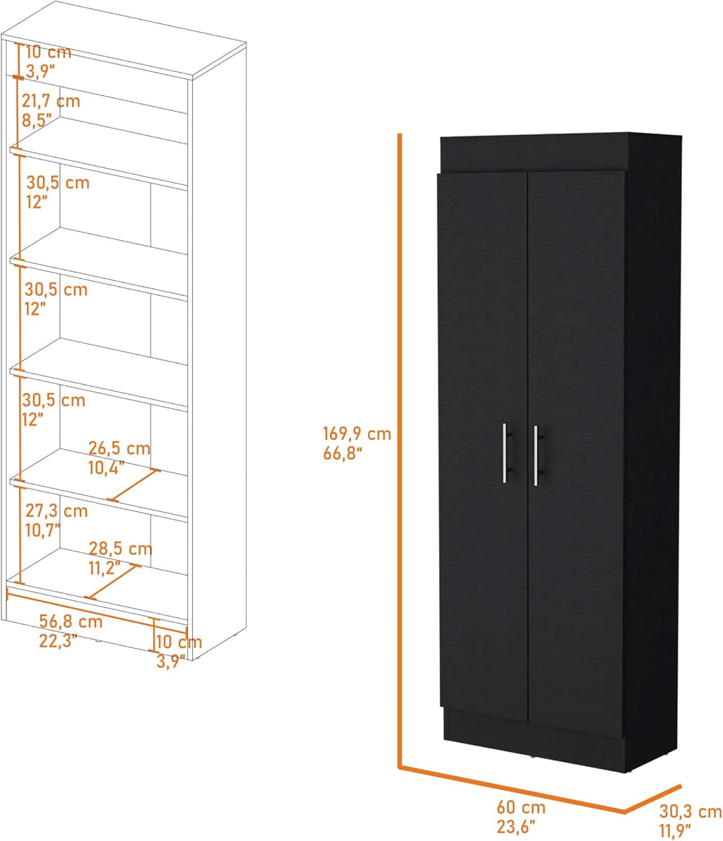 23.6" D*11.9" W*66.8" H Freestanding Kitchen Pantry with 4 Shelves, Double Door, Rectangular Wood Storage Cabinet, Traditional, for Living Room, Dining Room, Black