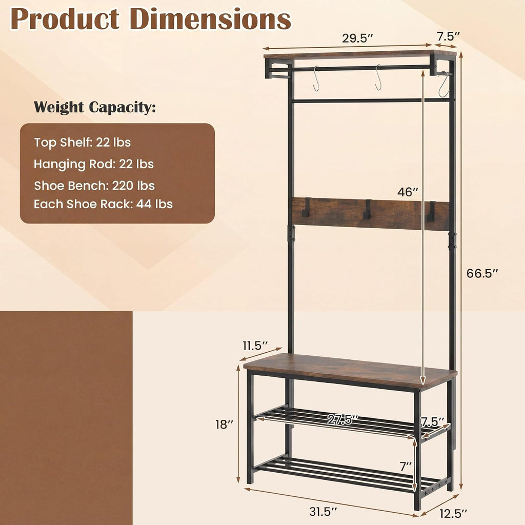 COSTWAY Hall Tree with Bench and Shoe Storage, 4-in-1 Entryway Organizer with 6 Removable Hooks, Top Shelf & Hanging Rod, Industrial Coat Rack for Mudroom Entrance Bedroom Living Room, Rustic Brown