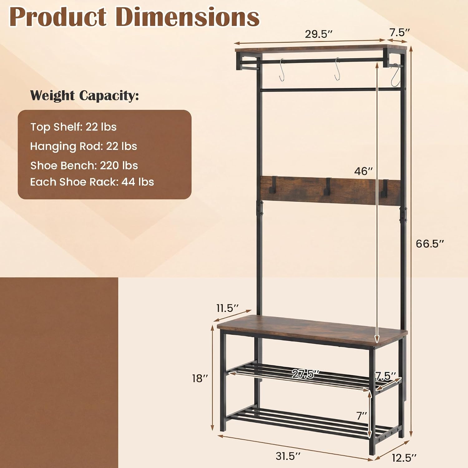 COSTWAY Hall Tree with Bench and Shoe Storage, 4-in-1 Entryway Organizer with 6 Removable Hooks, Top Shelf & Hanging Rod, Industrial Coat Rack for Mudroom Entrance Bedroom Living Room, Rustic Brown