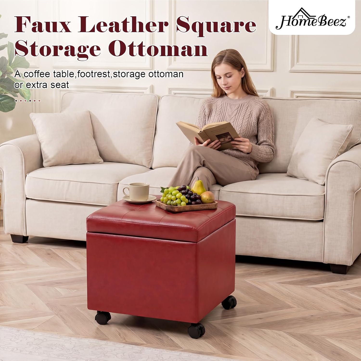 Homebeez Storage Ottoman with Rolling Wheels, PU Leather Tufted Cube Footrest with Casters, 17.7" Square Tufted Distressed Ottomans for Living Room,Bedroom, 300lb Capacity