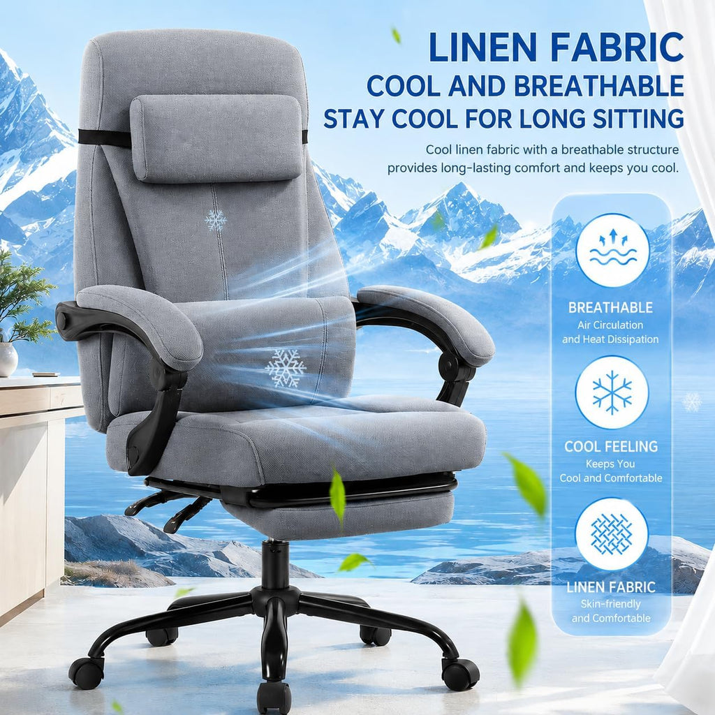 Linen Fabric Gaming Chair with Footrest, Ergonomic Computer Chair with Headrest and Lumbar Support, Height Adjustable 360° Swivel Reclining Chair with Backrest 90° -120° -155° (Grey)
