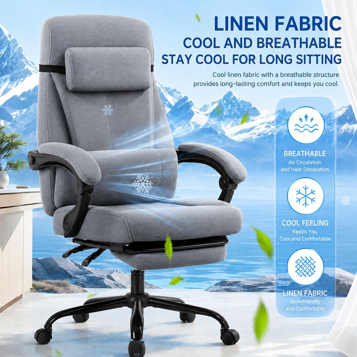 Linen Fabric Gaming Chair with Footrest, Ergonomic Computer Chair with Headrest and Lumbar Support, Height Adjustable 360° Swivel Reclining Chair with Backrest 90° -120° -155° (Grey)