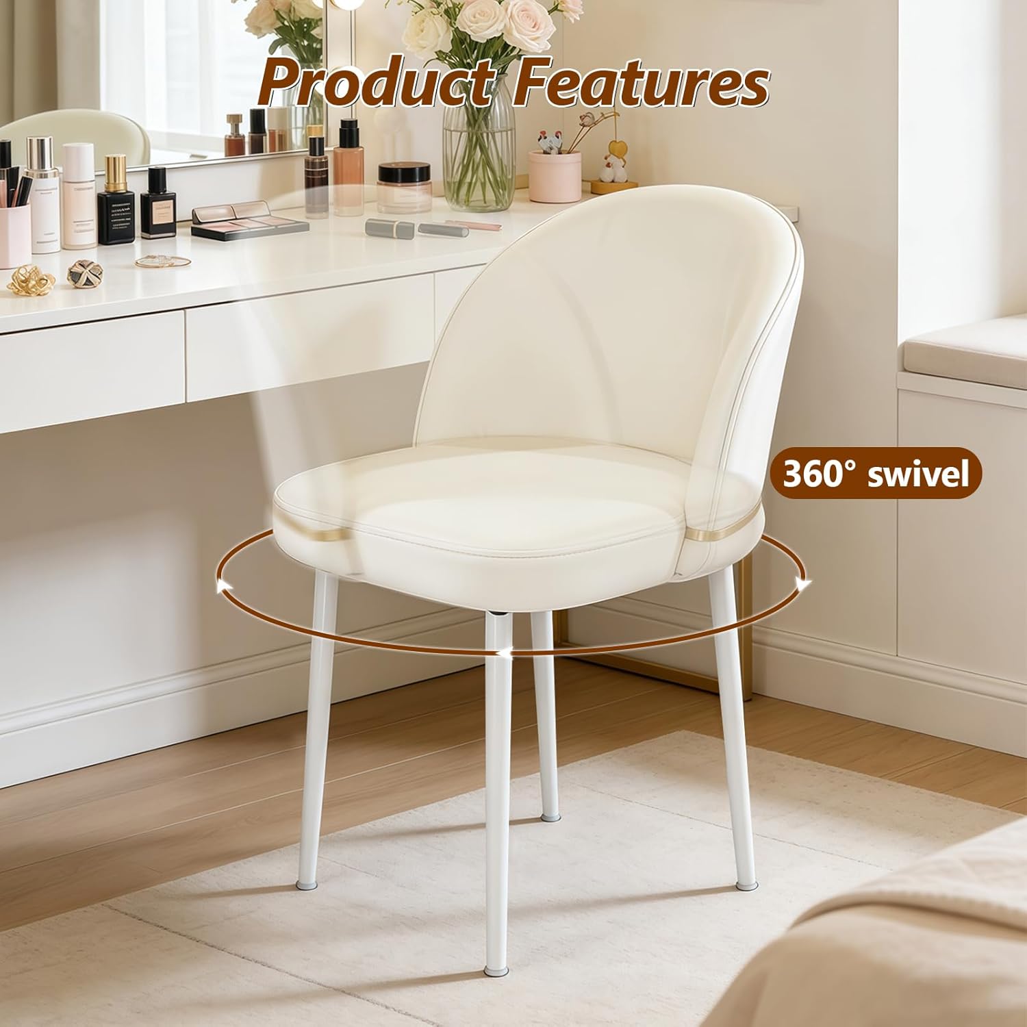 JPBSTO Swivel Vanity Chair No Wheels, Armless Desk Chair with Metal Legs, Single Dining Chair with Ergonomic Back for Bedroom, Office, Dining Room, Beige