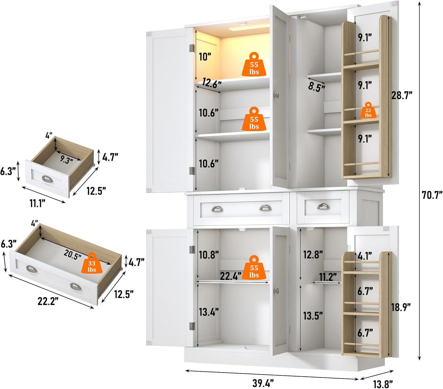71"H Tall Kitchen Pantry Cabinet,39"W Large Freestanding Kitchen Hutch Wood Stoarge Floor Cabinet w/6 Door Shelves,2 Large Drawer,Adjustable Shelves,Modern Food Pantry for Kitchen,Dining Room,White