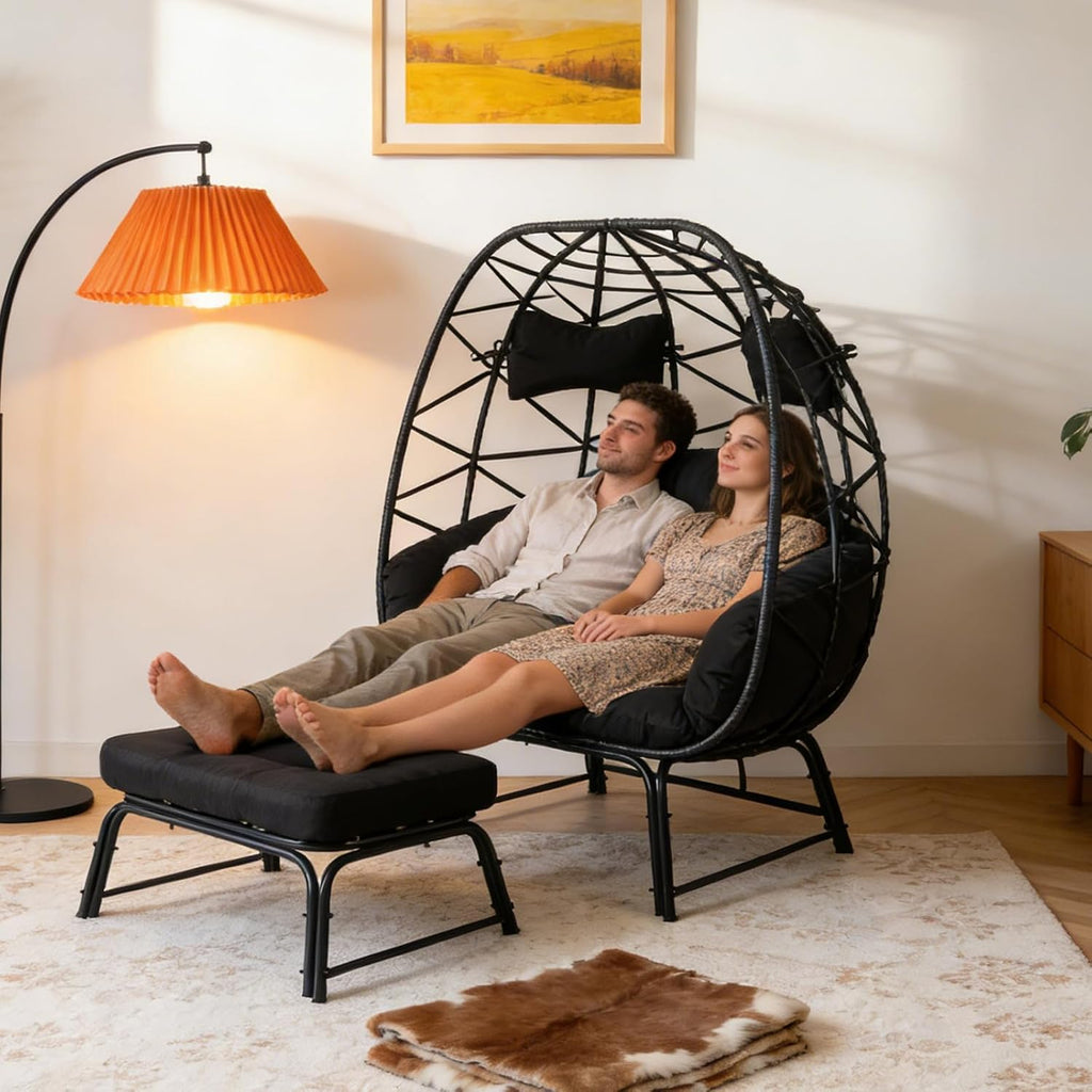 Double Wicker Egg Chair with Ottoman, Indoor Outdoor Egg Basket Lounge Chair with Thick Cushion, 650 lbs Capacity Oversized Rattan Egg Shaped Chair with Leg for Patio Balcony Garden (Black)