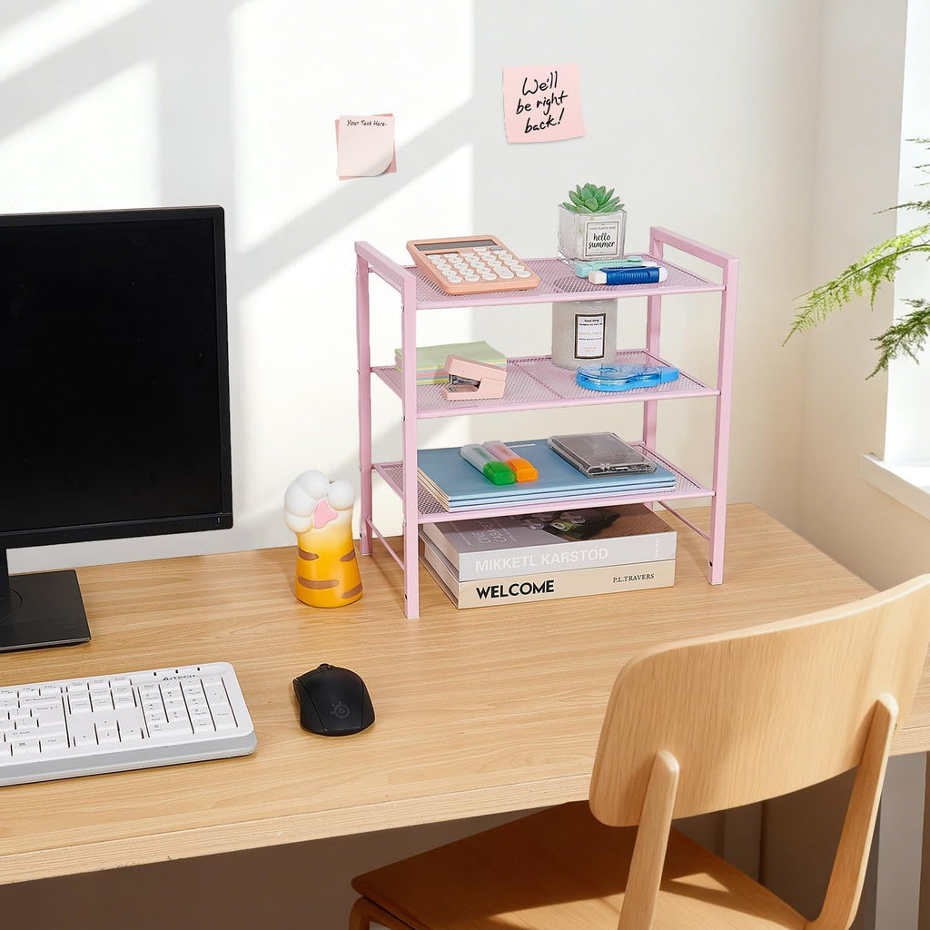 Desktop Shelf Organizer, 3-Tier Office Storage Rack, Adjustable Metal Bookshelf for Top of Desk, Pink Desk Organizer for Office, Home, Dorm and Small Spaces (Pink)