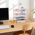 Desktop Shelf Organizer, 3-Tier Office Storage Rack, Adjustable Metal Bookshelf for Top of Desk, Pink Desk Organizer for Office, Home, Dorm and Small Spaces (Pink)