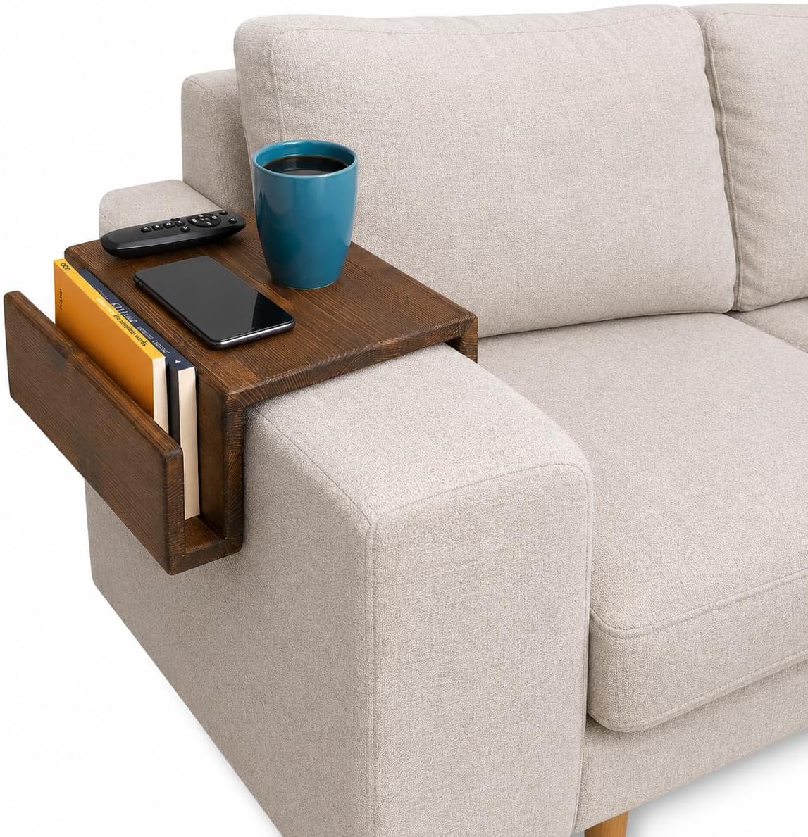 Wooden Sofa Armrest Mini Table & Storage Couch Arm Tray Side with Book or Remote Control Holder, Solid Pine for Living Room - Walnut Brown 7.5" (19 cm) Armrest