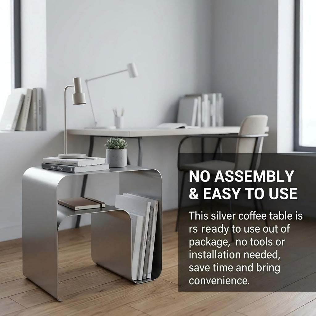 Stainless Steel Side Table, Modern End Table with Double Storage, One-Piece Forming Design, No Assembly, Silver Accent Table for Living Room Bedroom Balcony (2.0 Thickness)