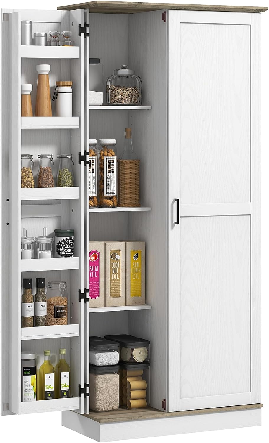 70" Tall Kitchen Pantry Cabinet, Modern Storage Cabinet with 6 Spice Racks and Adjustable Shelves, Freestanding Cupboard for Living Room, Dining Room, Cream White,15.7 * 31.5 * 69.8
