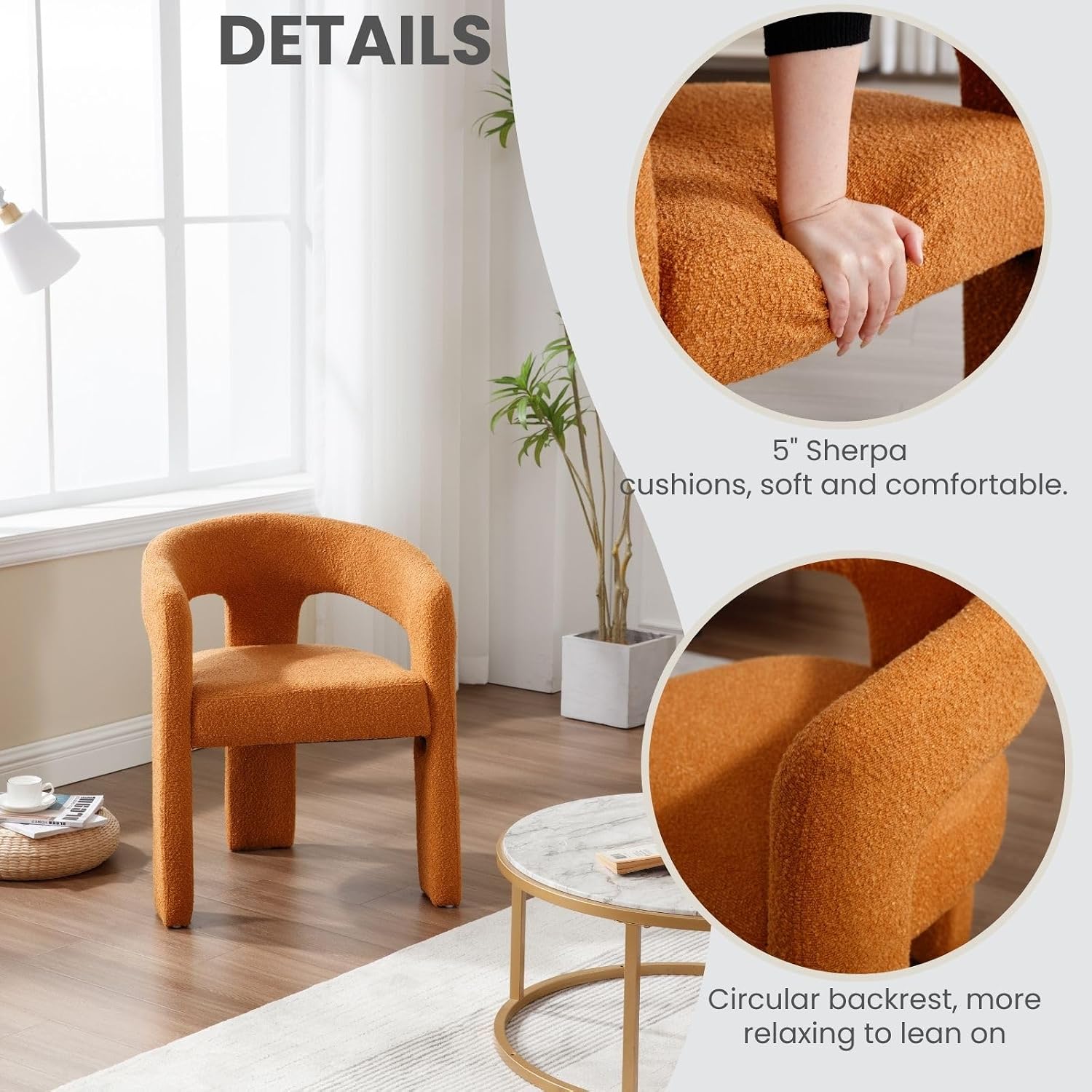 Modern Sherpa Barrel Dining Chair, Upholstered Accent Chair with Curved Back Comfy Side Chair Lounge Armchair for Kitchen Dining Room Living Room Reception, Terracotta