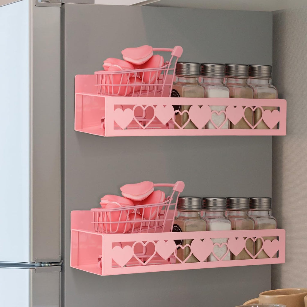 Beeveer 2 Pack Heart Magnetic Spice Rack for Refrigerator Metal Magnet Basket Shelf for Fridge Seasoning Storage Organizers Home Decor Kitchen Accessories (Pink)