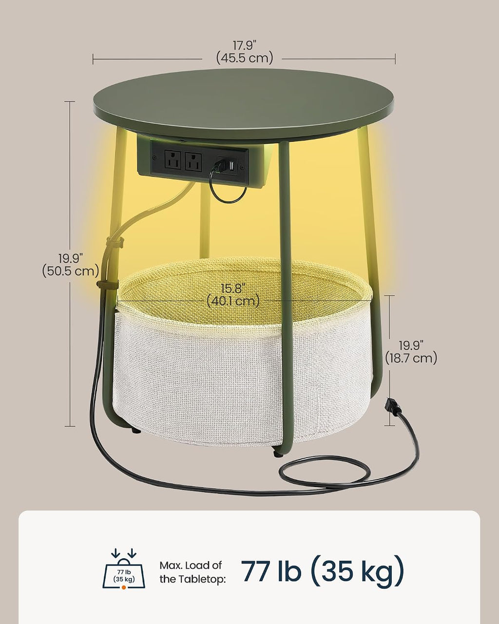 SONGMIC HOME LED Round Side End Table, Nightstand with Charging Station and Lights, Fabric Basket, for Living Room, Green and Brown