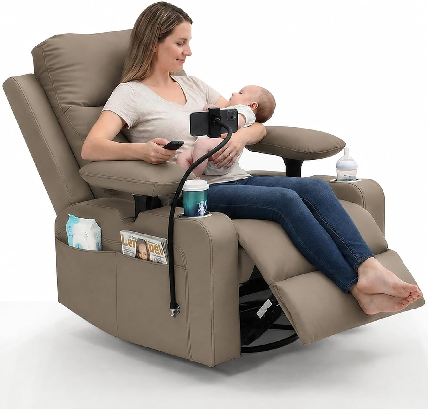 Power Glider Chair for Nursery Rocker, Electric Swivel Recliner Rocking Chair with Height-Adjustable Armrests, Rocker Glider Recliner with Cup & Blanket Holders, USB, Remote Control (Brown, 1)