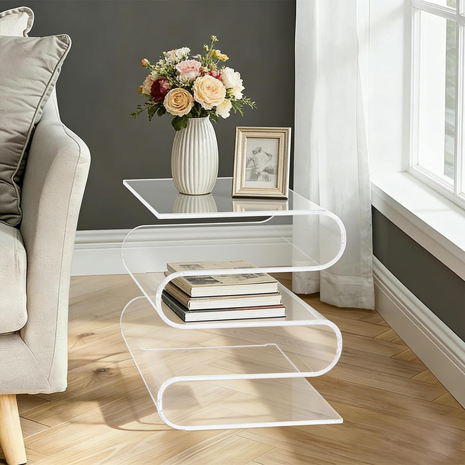 Side Table 5-Tier Magazine Holder with Each Layer of Bearing(11.02 Lbs) & Product Size（16 * 11 * 14 in） S Shape Side Table Creative Nightstand for Bedrooms, Living Rooms, Balconies, Bookstores(Clear)