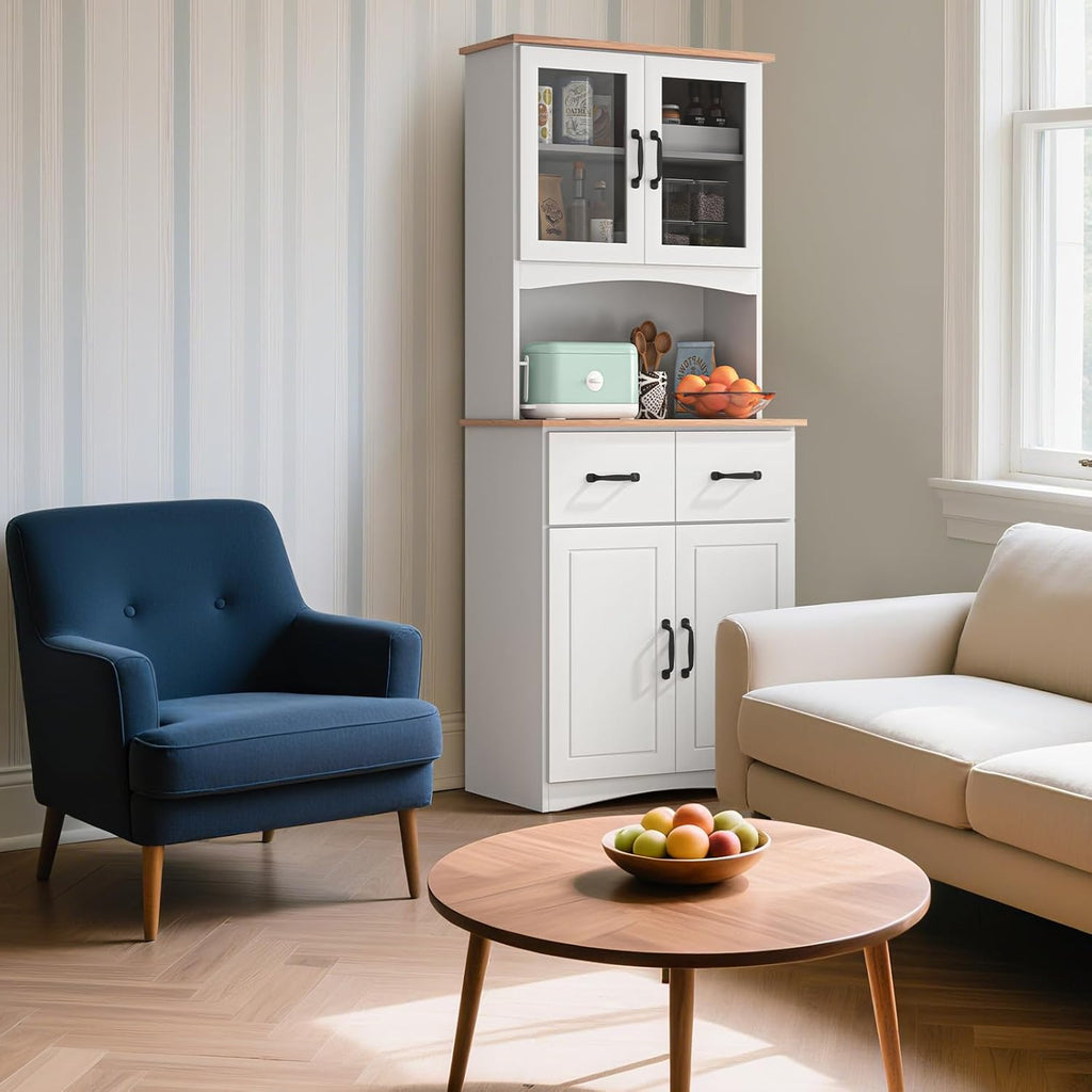 67" Kitchen Pantry Cabinet with Glass Doors & Drawers, Adjustable Shelves, Anti-Tip, Space-Saving Microwave Stand for Small Kitchens