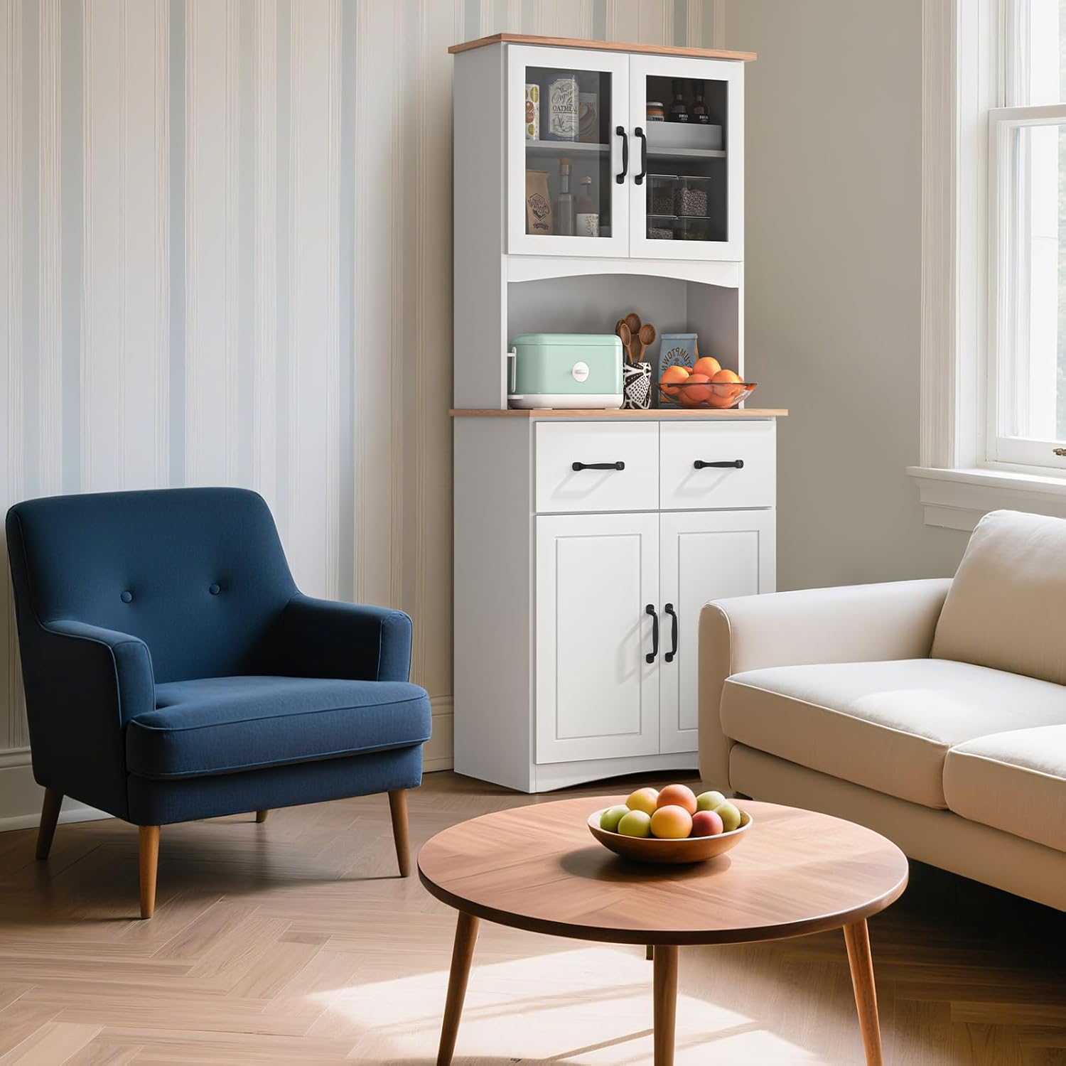 67" Kitchen Pantry Cabinet with Glass Doors & Drawers, Adjustable Shelves, Anti-Tip, Space-Saving Microwave Stand for Small Kitchens