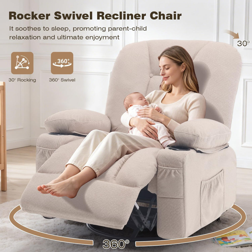 Rocker Recliner Chair with Massage and Heat, Oversized Rocking Nursery Recliners Overstuffed Swivel Glider with Cup Holder, Fabric Manual Single Sofa for Living Room, Beige