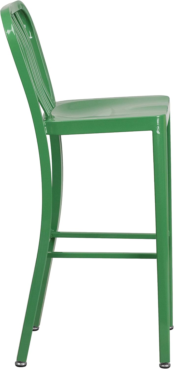 EMMA + OLIVER Commercial Grade 30" H Green Metal Indoor-Outdoor Barstool with Slat Back