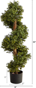 Nearly Natural 33in. Artificial Boxwood Spiral Topiary, Faux Greenery with Black Planter, Indoor/Outdoor Decor