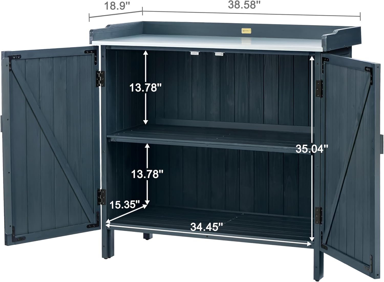 HABAU Outdoor Storage Cabinet with Potting Bench & Metal Tabletop, Wooden Planting Workstation for Garden Patio, Weatherproof