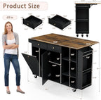 60" Kitchen Island with Folding Drop Leaf & Power Outlet-Rolling Kitchen Island with Spice Rack,Towel Rack, 2 Drawers-Island Table for Kitchen with Trash Storage Cabinet,Black