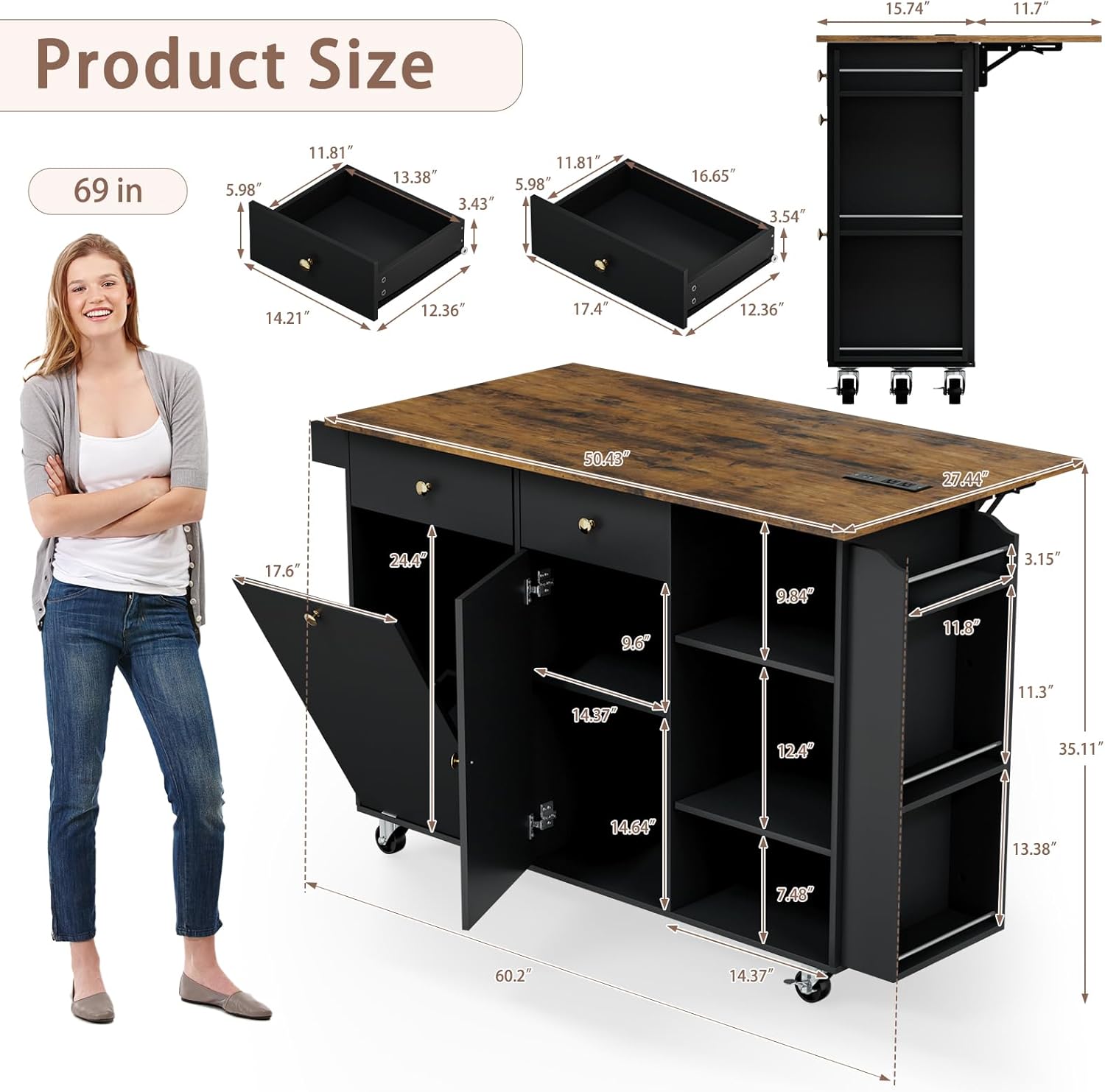 60" Kitchen Island with Folding Drop Leaf & Power Outlet-Rolling Kitchen Island with Spice Rack,Towel Rack, 2 Drawers-Island Table for Kitchen with Trash Storage Cabinet,Black
