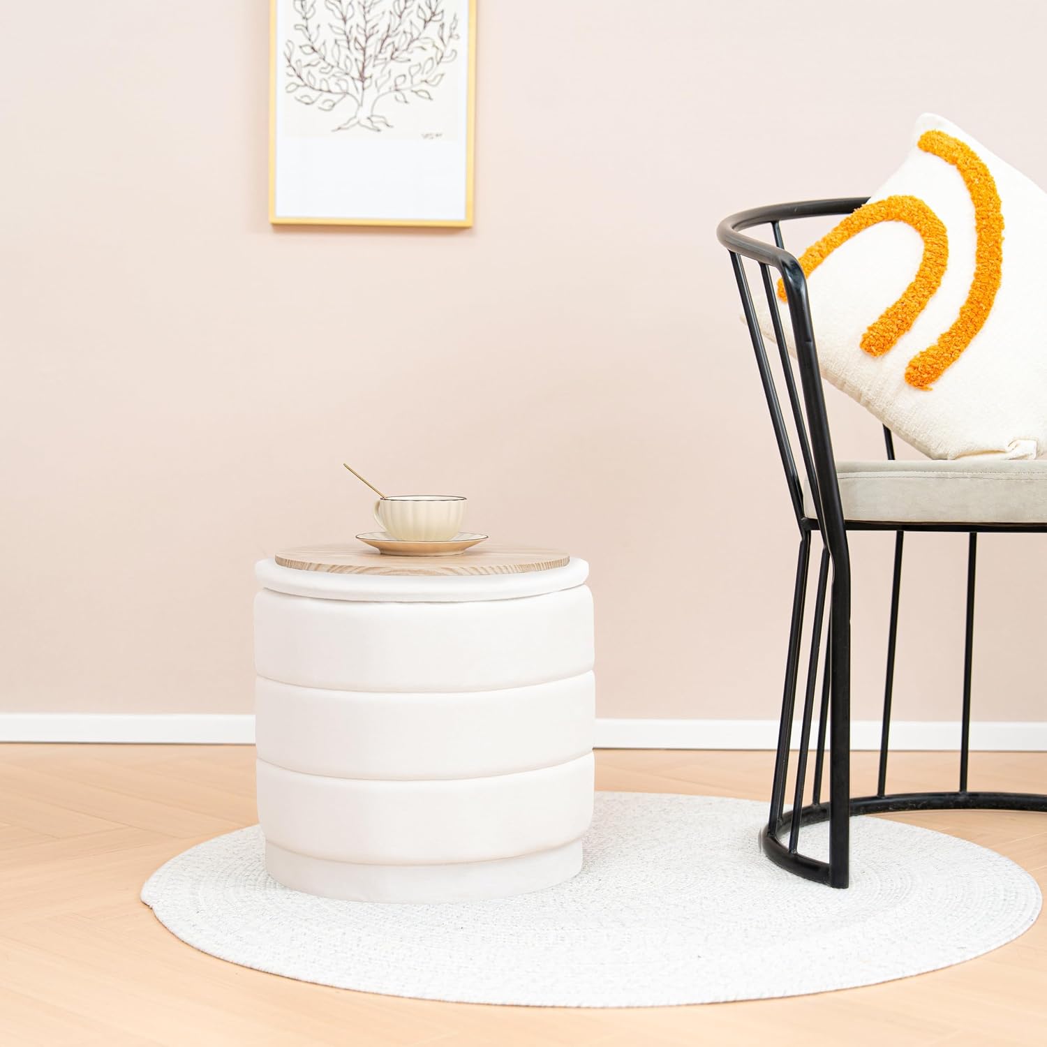 B FSOBEIIALEO Round Velvet Storage Ottoman with Tray, Folding Ottoman with Storage Coffee Table Foot Rest for Dorm Room, Living Room White, 15.35"x15.35"x14.57"