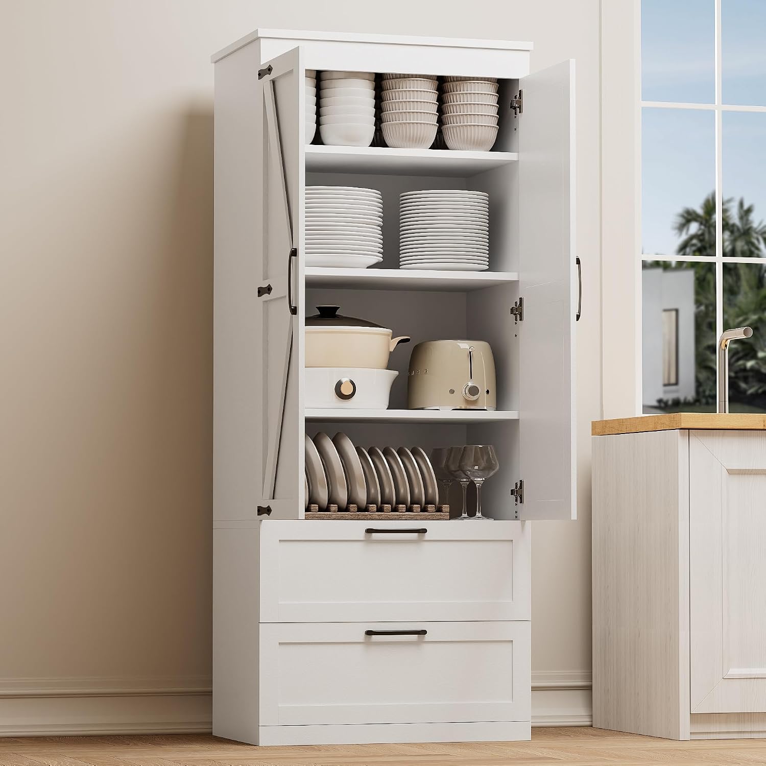 71” H Kitchen Pantry Cabinet, 4-Tier Farmhouse Storage Cabinet with Barn Doors, 2 Drawers, Adjustable Shelf, Freestanding Cupboard for Kitchen, Bathroom, Living Room (White)
