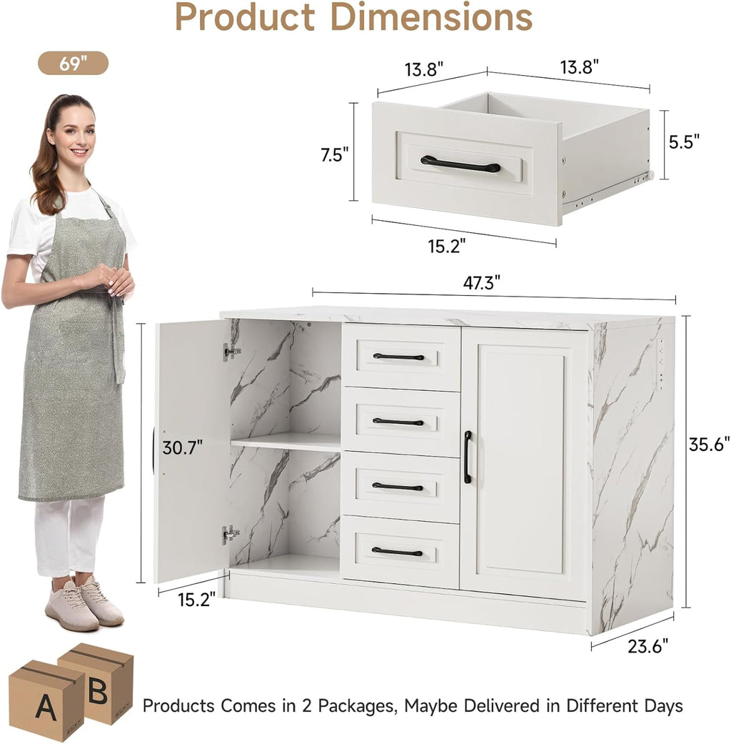 ONBRILL 47.3" Kitchen Island with 2 Storage Cabinets & 4 Drawers, Modern Imitation Marble Dining Table with Power Outlet, Island Bar Table for Kitchen, Dining Room, Living Room, White