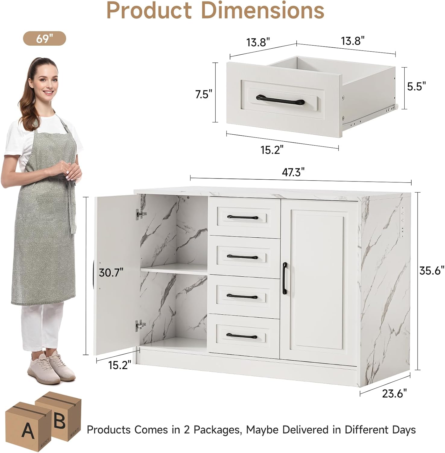 ONBRILL 47.3" Kitchen Island with 2 Storage Cabinets & 4 Drawers, Modern Imitation Marble Dining Table with Power Outlet, Island Bar Table for Kitchen, Dining Room, Living Room, White