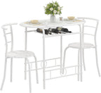 VECELO 3-Piece Dining Table Set for Kitchen Breakfast Nook, Faux Marbled Oval Tabletop and Metal Frame with Built-in Wine Rack, for Small Spaces, White