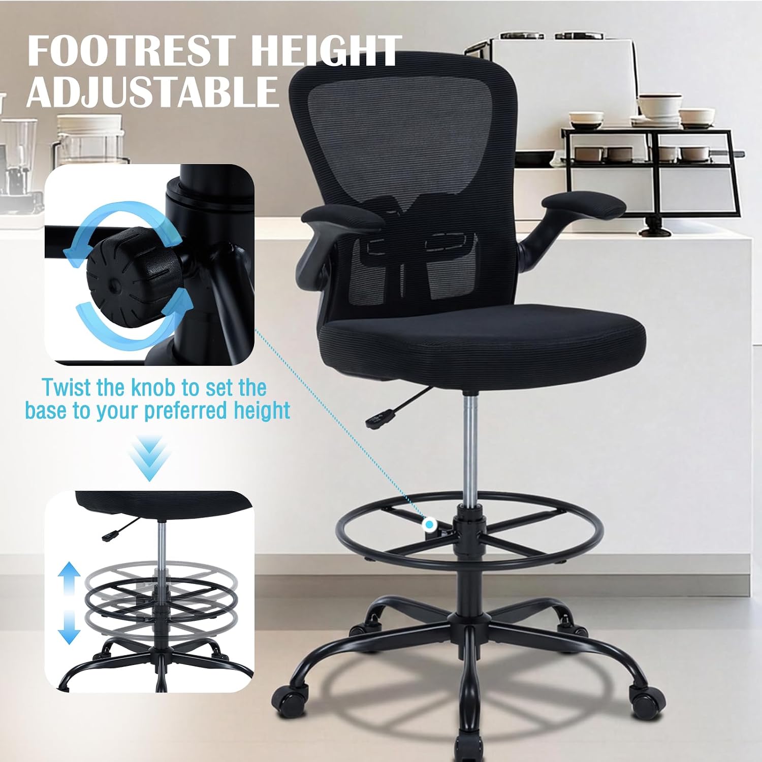Drafting Chair Tall Office Chair, Standing Desk Chair with Flip-Up Armrests, Breathable Mesh High Chair Adjustable Height, Ergonomic Computer Chair with Lumbar Support and Adjustable Footrest Ring