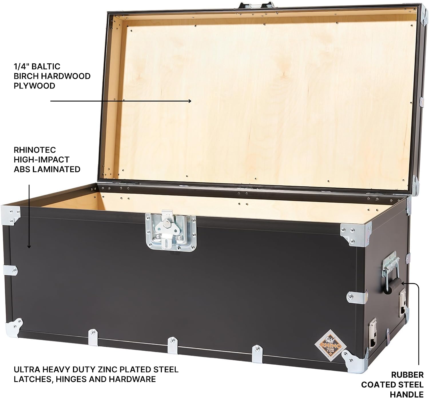 Rhino Trunk & Case XL Indestructo Travel Trunk Luggage With Wheels - 35"x19"x16" Heavy-Duty USA Made Road Case, Strong Flight Cases, ATA Case Style Footlocker, or Secure College Dorm Storage Chest