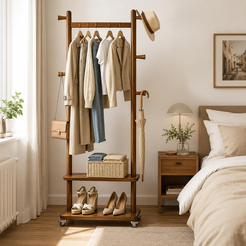 Taitiy Coat Rack Freestanding Solid Wood with Wheels 2 Shelves 5 Hooks | 100% solid rubberwood,hidden 360° silent wheels,2 tier shelves,5 hooks,small clothing rack,entryway bedroom living room