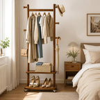 Taitiy Coat Rack Freestanding Solid Wood with Wheels 2 Shelves 5 Hooks | 100% solid rubberwood,hidden 360° silent wheels,2 tier shelves,5 hooks,small clothing rack,entryway bedroom living room