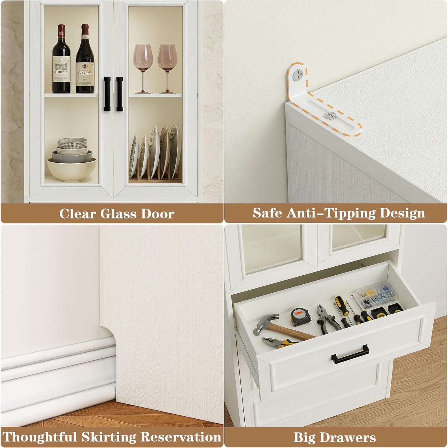 Unikito 80" Tall Kitchen Pantry Storage Cabinet with Glass Doors, Adjustable Shelves & 3 Drawers, Versatile Tall Storage Cupboard for Kitchen, Dining Room, Living Room, Bathroom White