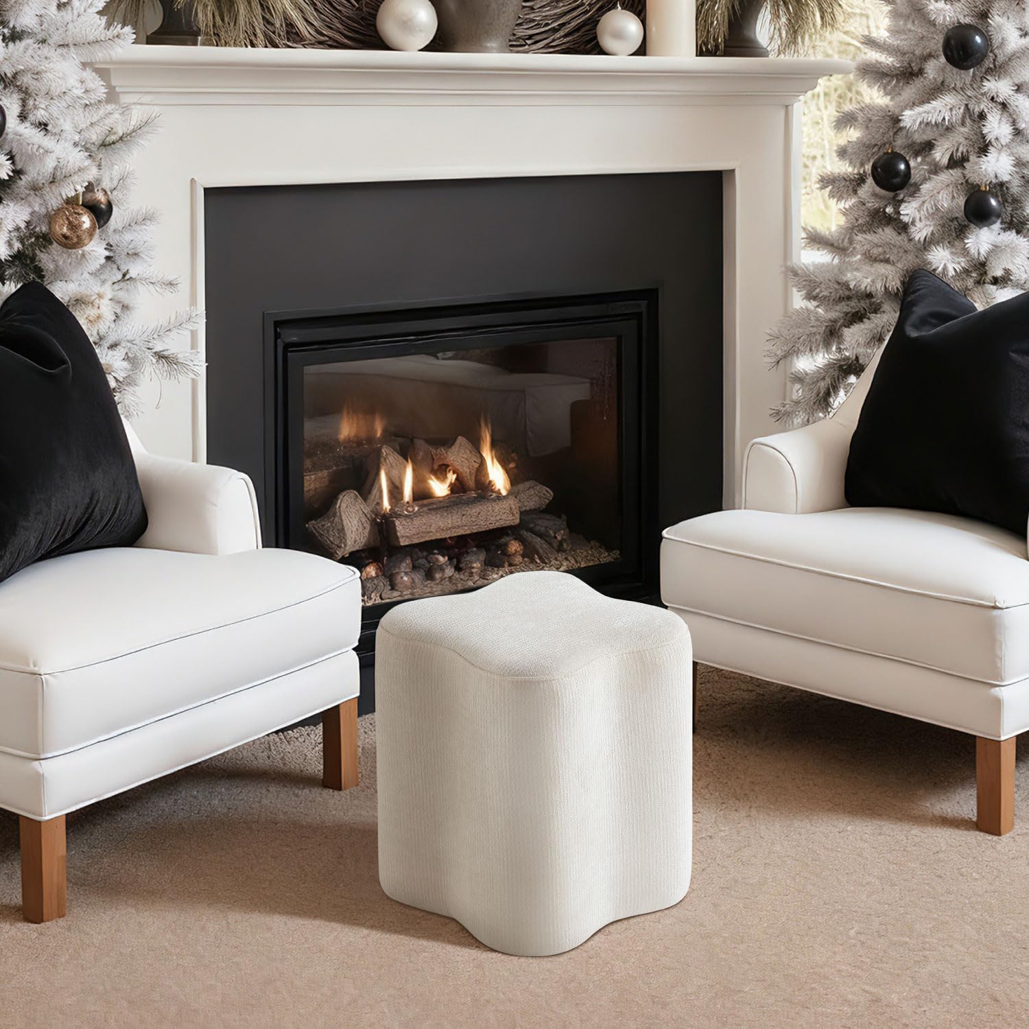 Get Set Style 14.4 Inch Flowers Shaped Ottoman,Modern Chenille Ottoman Vanity Stool for Living Room Comfortable Pouf,Stylish Sofa Foot Rest (White)