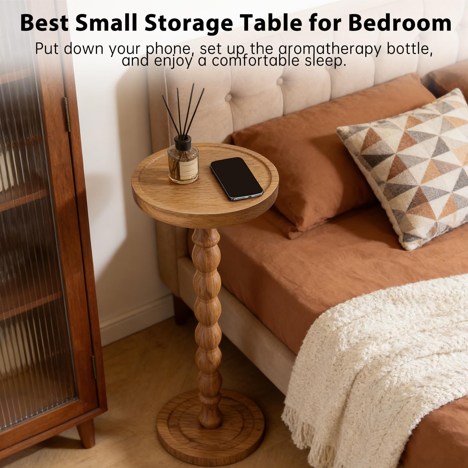 Small Round Side Table for Small Spaces, Wood Pedestal Drink Table & Narrow End Table for Living Room Couch, Modern Bedside Nightstand for Bedroom & Nursery（Walnut）