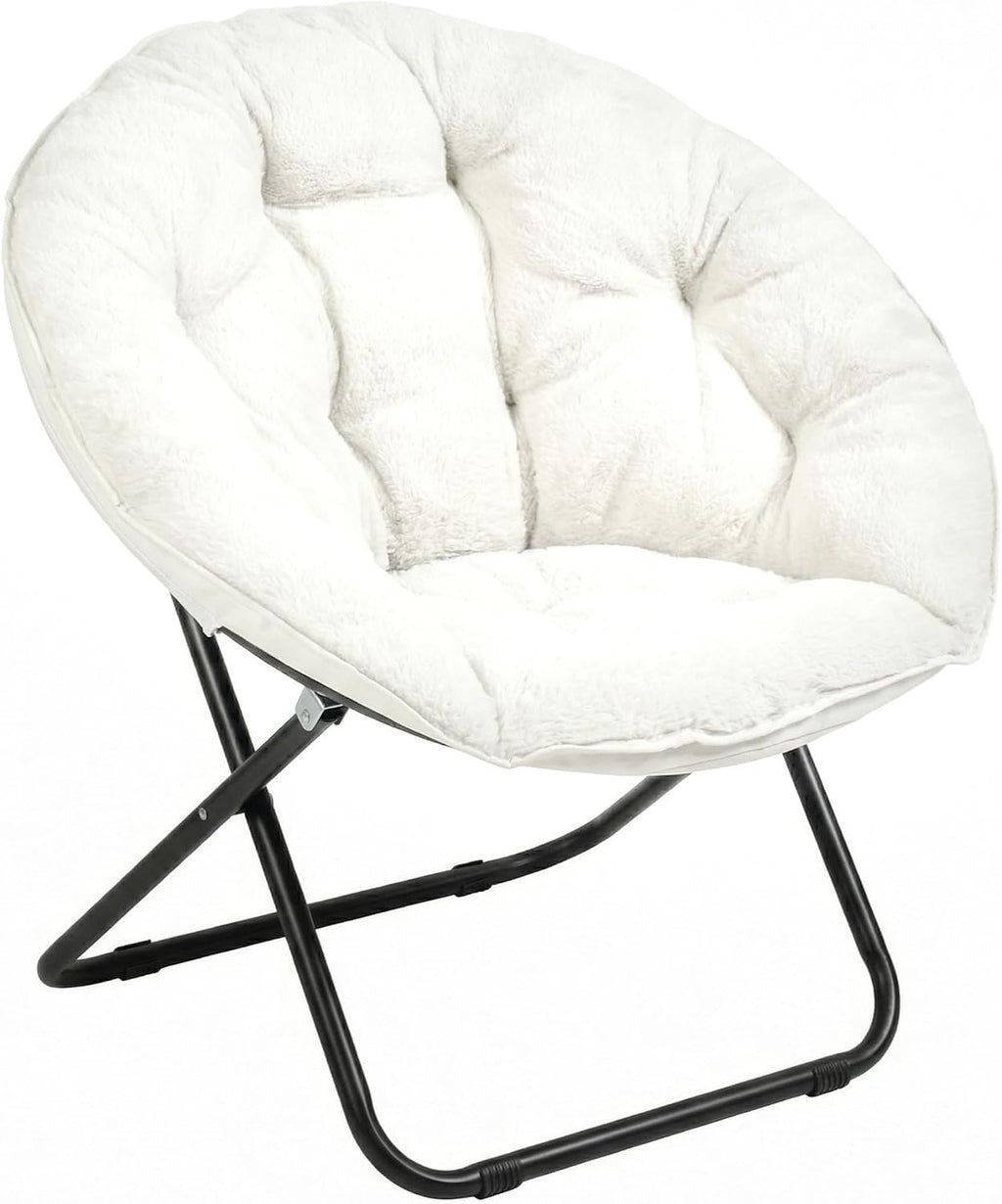 Comfy Faux Fur Saucer Chair for Adults, Foldable Moon Chair with Metal Frame, Soft Padded Lounge Chair for Bedroom, Dorm & Gaming, Large Cozy Circle Chair for Teens & Adults (Off-White)