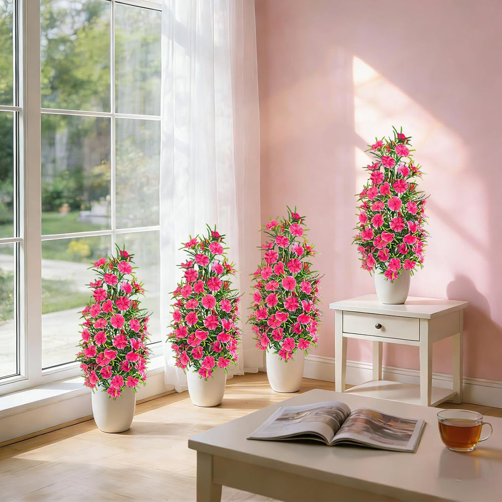 4 Pack Artificial Topiary Trees with Ground Spike for Outdoor, 19" Faux UV Resistant Shrubs with Flowers, Realistic Artificial Fake Bushes Plants for Home Garden Yard Porch Patio Decor (Rose Red)