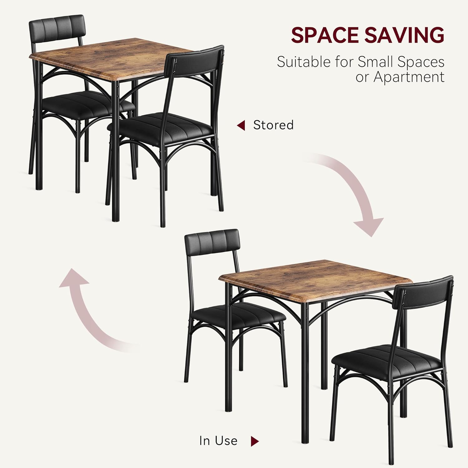 3-Piece Dining Table Set for 2, Kitchen Table Set with 2 Upholstered Chairs, Square Dining Table Set for Apartment, Studio, Small Space, Brown