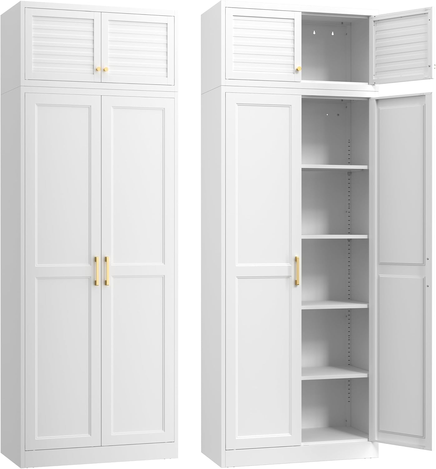 SteeLoong 86“ Kitchen Pantry Cabinet,Metal Storage Cabinets with Doors and 4 Adjustable Shelves,White Kitchen Cabinet with 4 Gold Handles,Tall Cabinet for Livingroom,Pantry, Bathroom