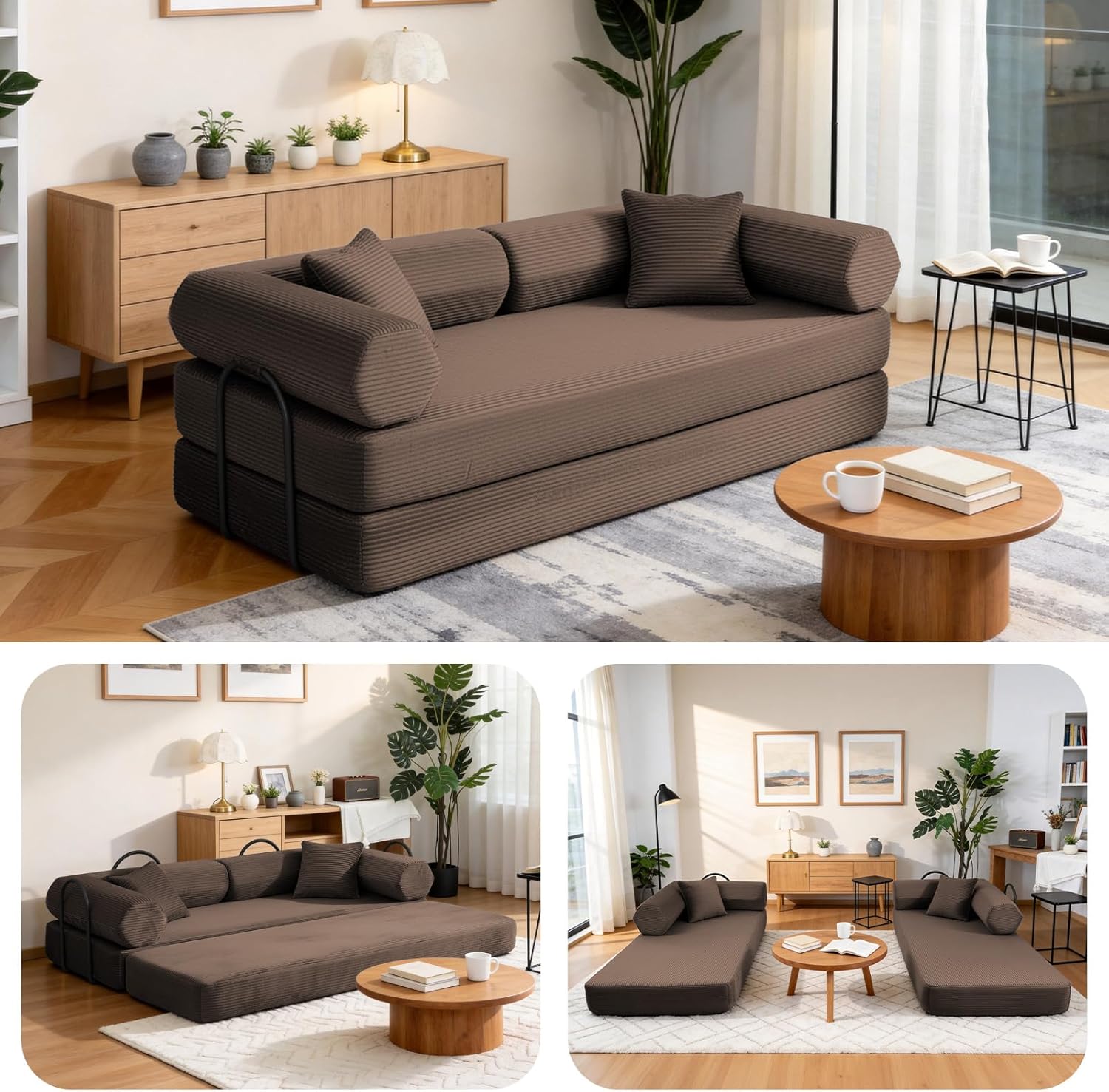 79" Corduroy Sofa Bed, Boneless Couch in a Box with 2 Pillows, High-Density Foam 4-in-1 Foldable Sleeper Futon Loveseat for Small Spaces, No Assembly, Side Pockets, Hex Arm Brown